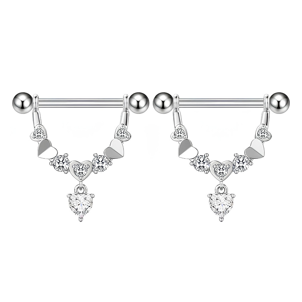 Piercing Mamilo Par Coracao Cravejado Zirconia Aco Inoxidavel Antialergico Barbell Reto 1,6mm Hipoalergênico