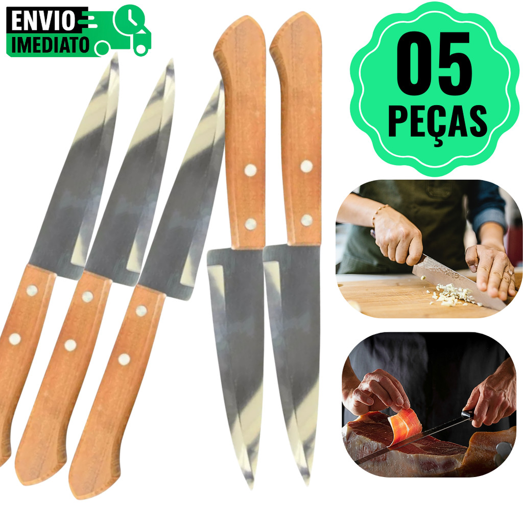 Imagem Kit 1, 2, 4 ou 5 Facas Madeira 28cm Inox Chef Profissional Cozinha Churrasco Premium Corte Resistente