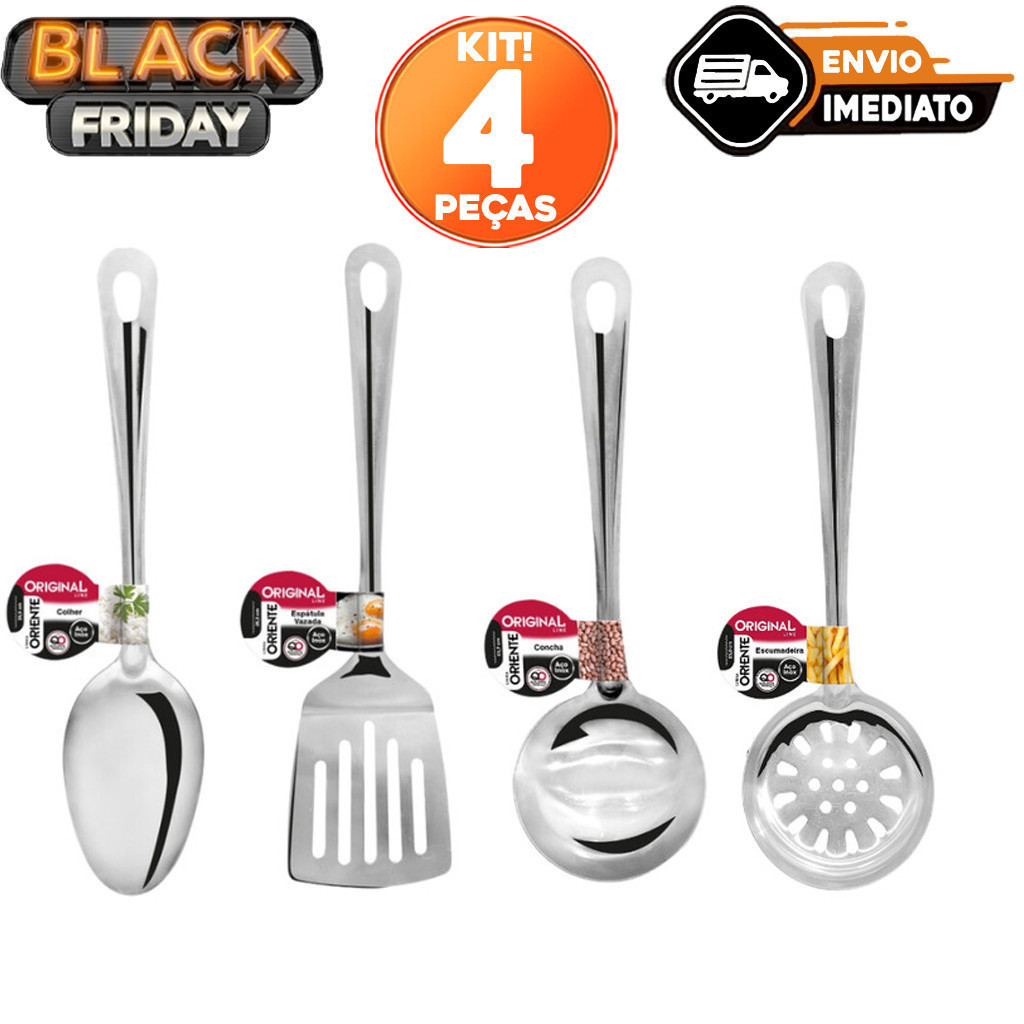 Kit 4 Peças Utilidades INOX para Cozinha Espatula Escumadeira Colher de Arroz Concha Comida Cozinha