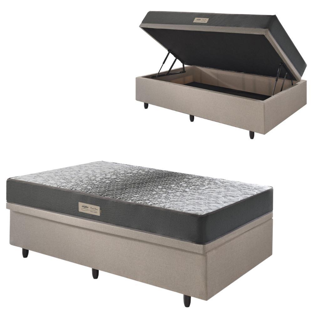 Base Box Baú 88x188 Linho Bege com Colchão Dual Firm Ecoflex