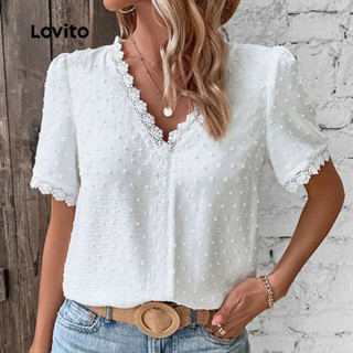 Lovito Blusa Casual renda tecido costura Jacquard primavera/verão blusa branca para mulheres LK3LD328 em Oferta na Shopee