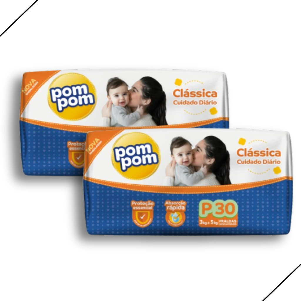 Kit 2 Fralda Descartável Pom Pom Clássica Jumbo Tamanho P - Total 60 Unidades