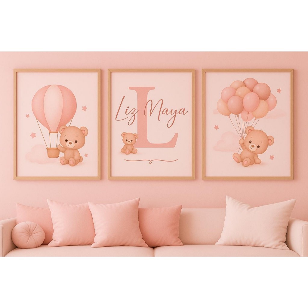 Quadro Decorativo Nome Personalizado Para Quarto 3 Peças Ursinhos Balões Rosa Bebê em Oferta na Shopee