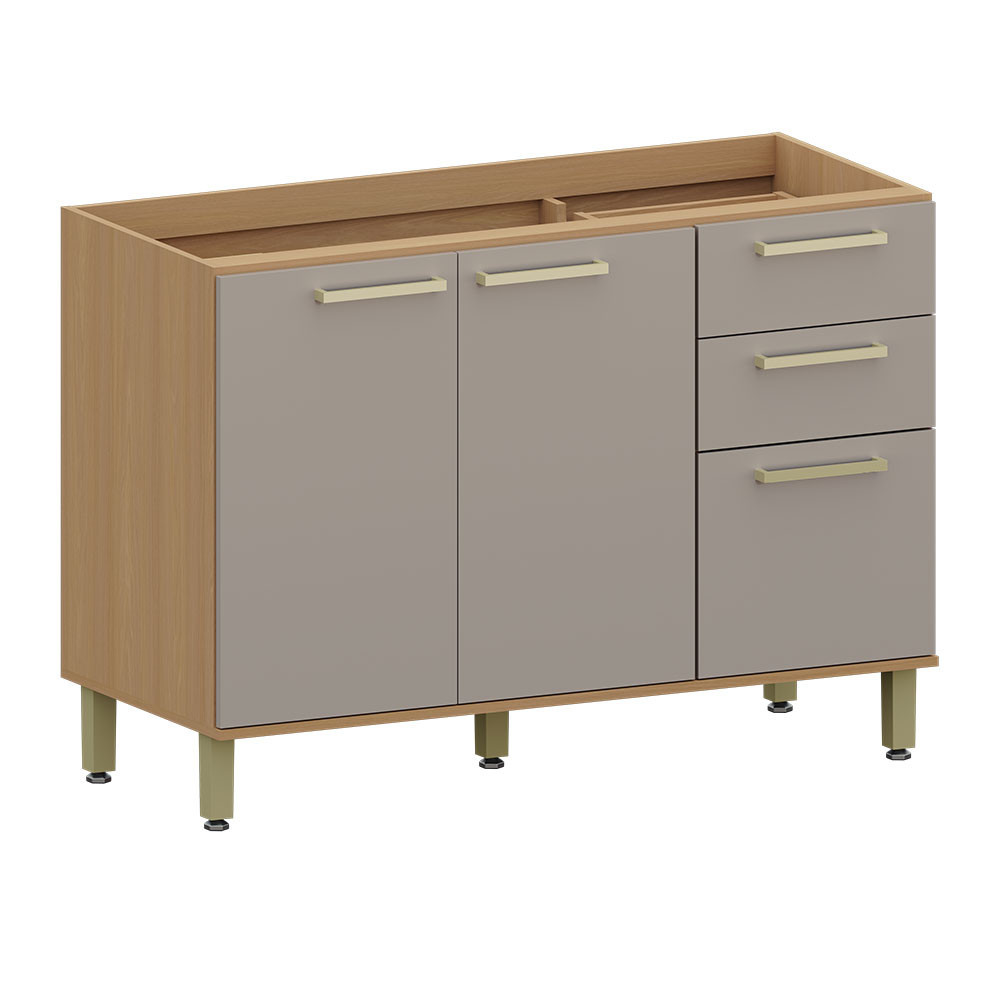 Balcão de Cozinha para Pia 100 MDF 3 Portas e 2 Gavetas Sem Tampo 120cm Duna Luciane Móveis