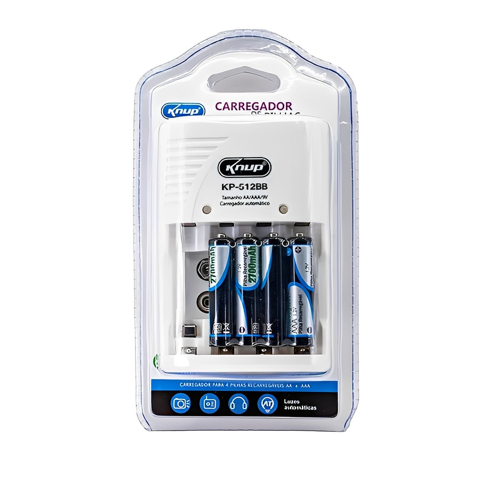 Kit Carregador De Pilha Recarregável com 4 Pilhas AAA Inclusas Compatível AA,AAA,9V Alta Eficiência
