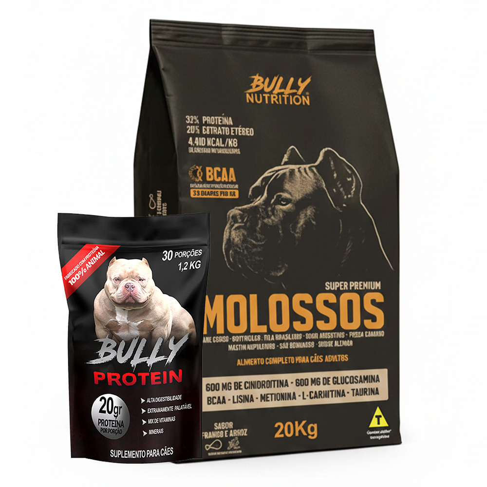 Ração Molossos 20kg + Suplemento Bully Protein 1,2Kg