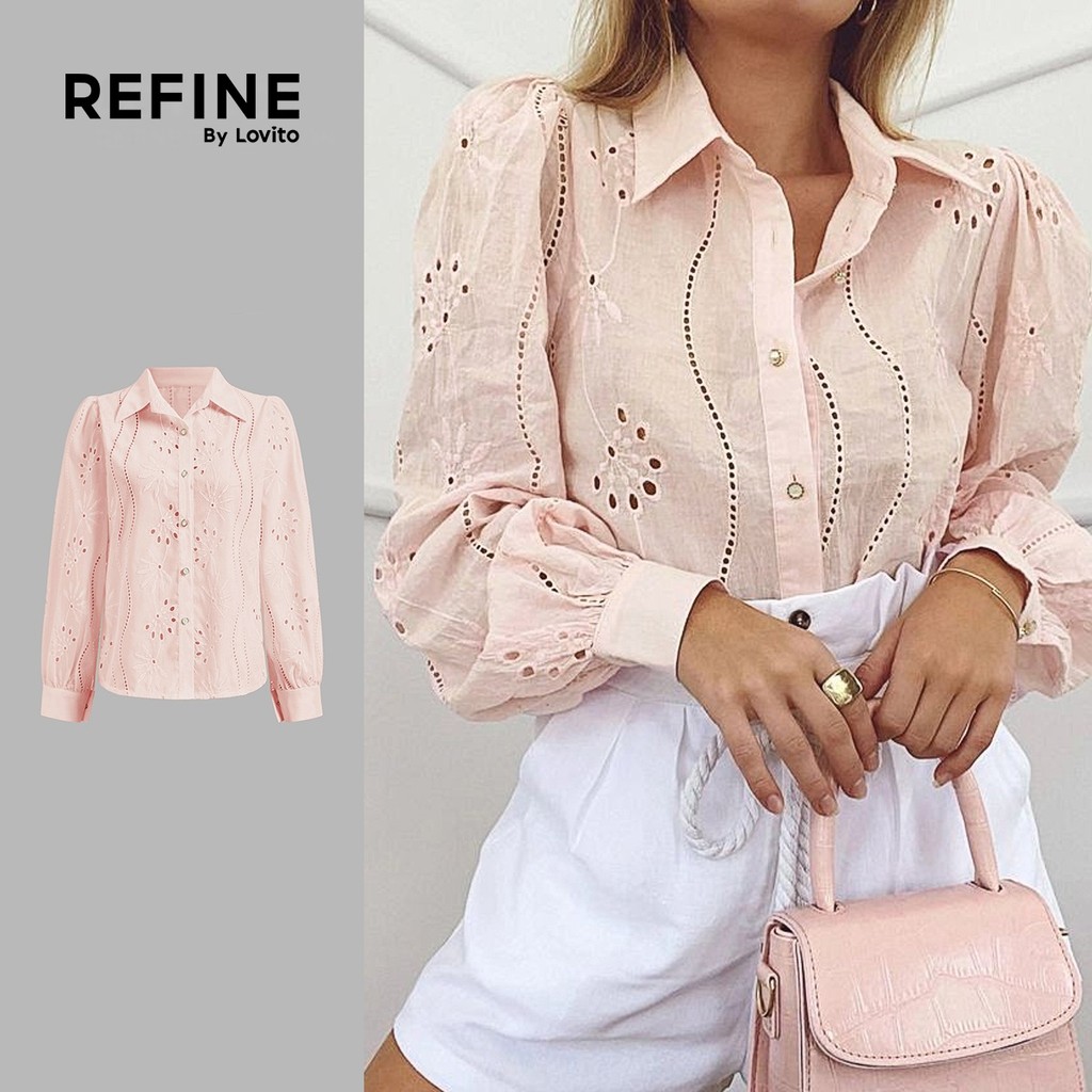 (Refine by Lovito) Blusa Elegante Bordada Em Algodão Com Recortes Ideal Para O Verão/primavera LR7LD021