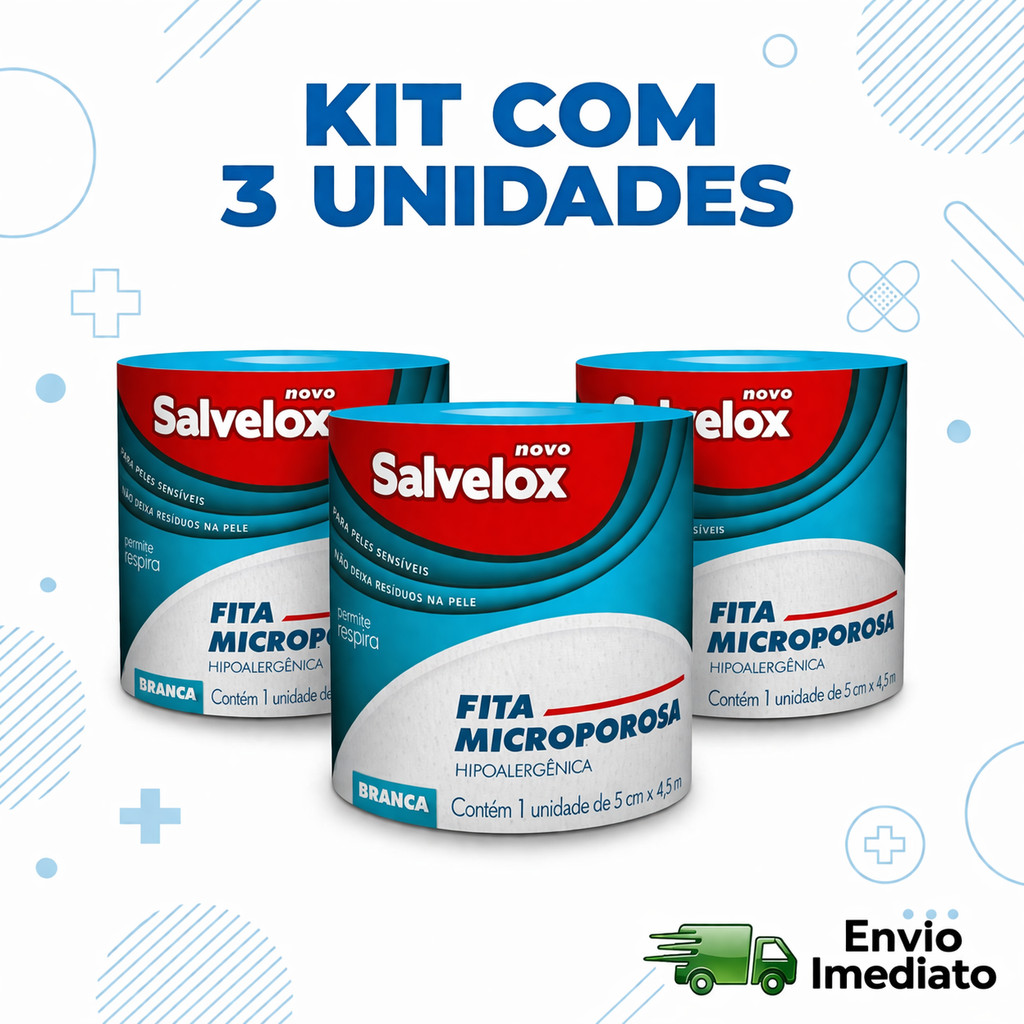 Kit 3 Unidades Fita Microporosa Salvelox 5cm x 4,5m Hipoalergênica Branca Curativo Fixação