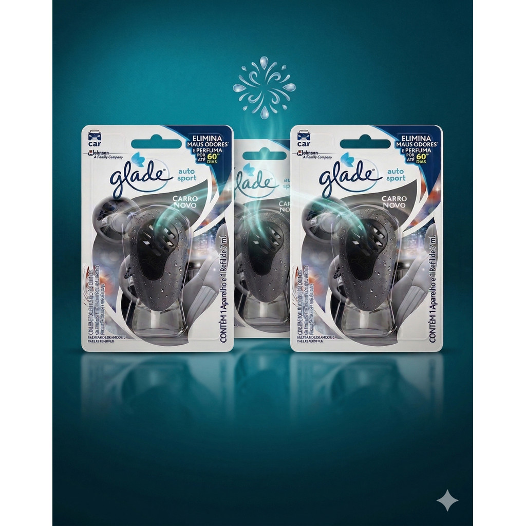 Kit Com 3 Glade Desodorizador Auto Sport Aparelho e Refil Carro Novo 7ml