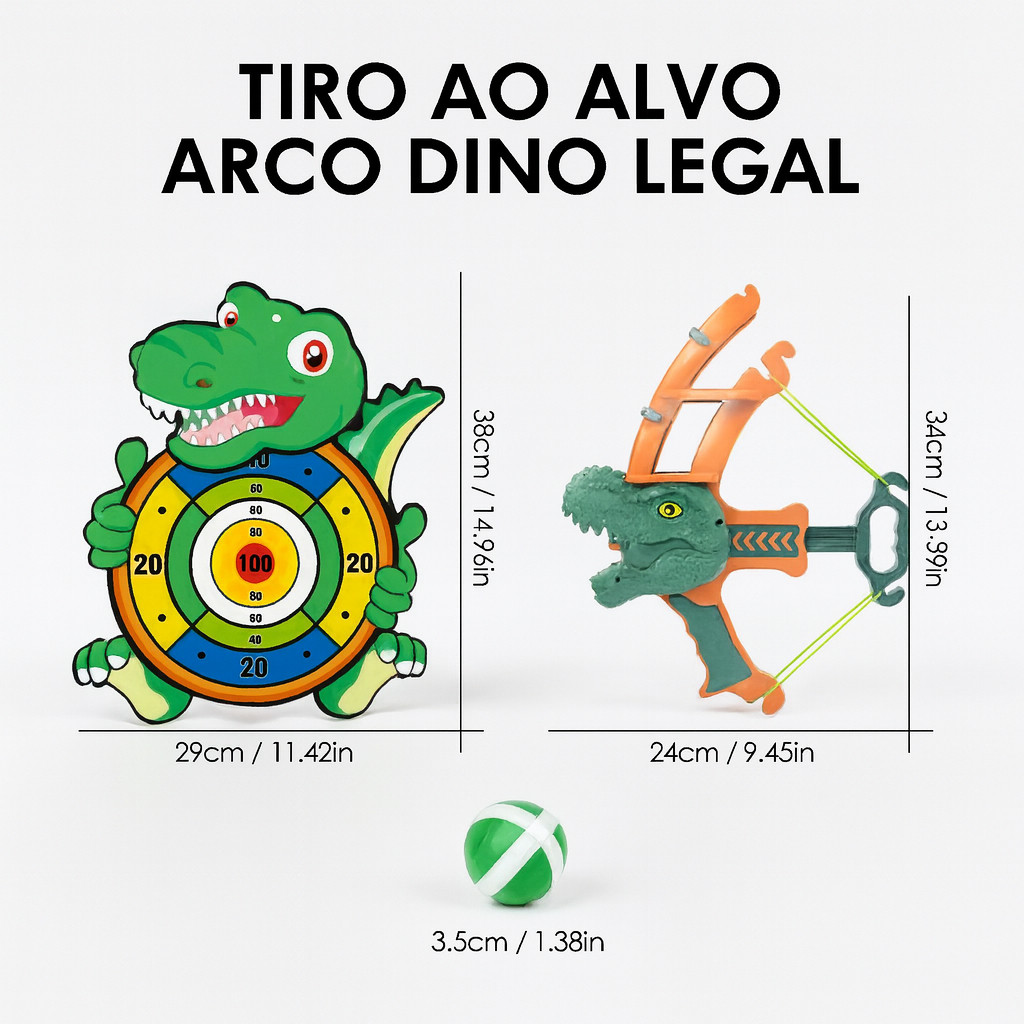 Lançador Arco e Flecha Dinossauro Kids com 1 Alvo + 5 Bolas Adesivas - Brinquedo Seguro e Divertido