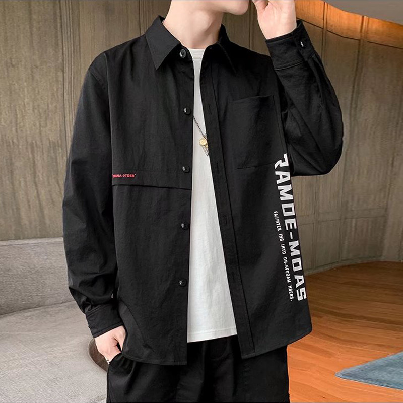 Impressão costura Workwear camisa masculina de manga comprida versão coreana na moda bonito camisa roupas masculinas Cas