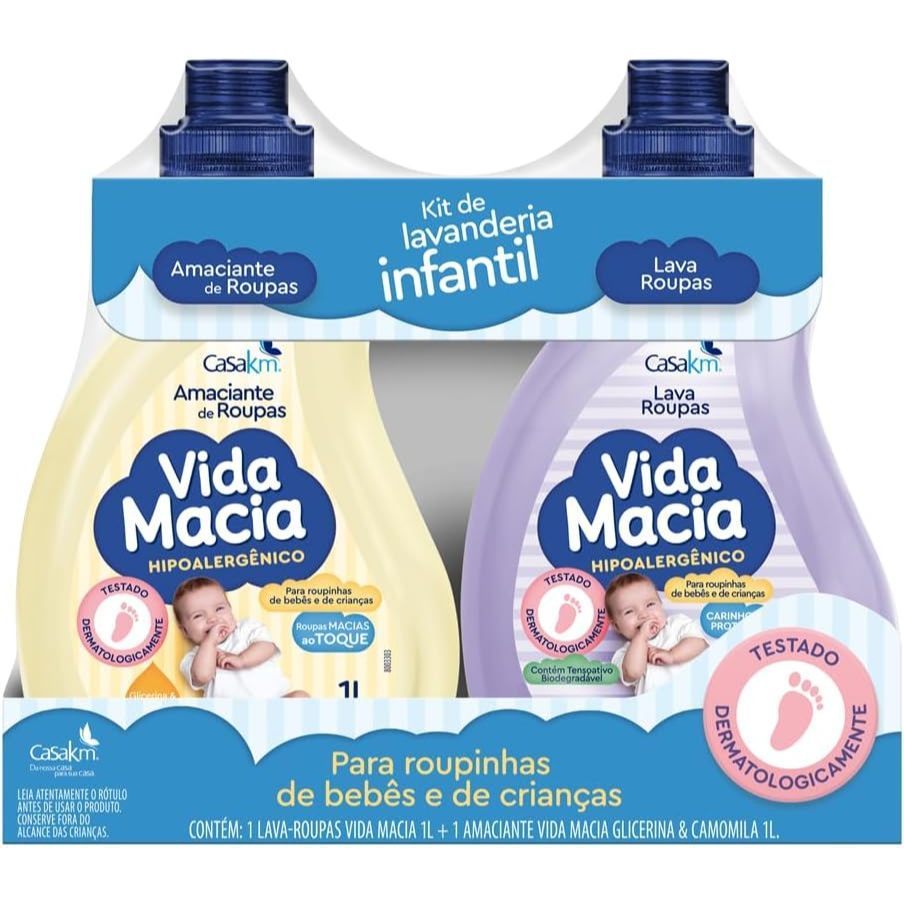 Kit 1 Lava Roupas 1L + 1 Amaciante Glicerina Camomila 1L Casa Km Vida Macia para roupinhas de Bebê