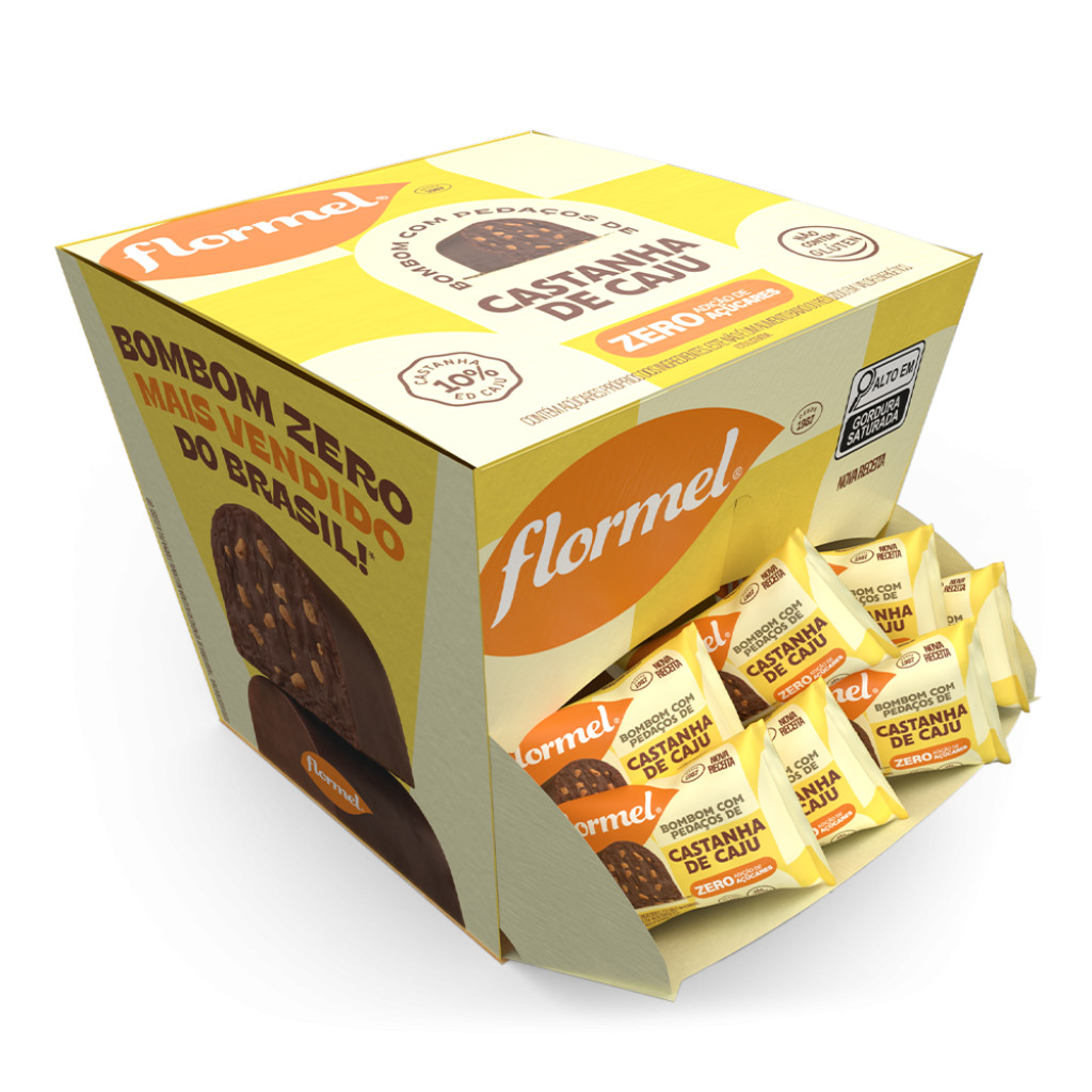 Bombom de Chocolate ao Leite, Recheado com Castanha de Caju, Zero Açúcar - 18 Unidades de 12g
