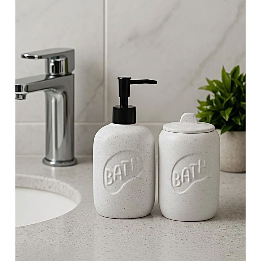 Lyor Conjunto de 2 Peças de Banheiro Cerâmica Quartzo Branco Letters - Porta Sabonete Liquido 430ml em Oferta na Shopee
