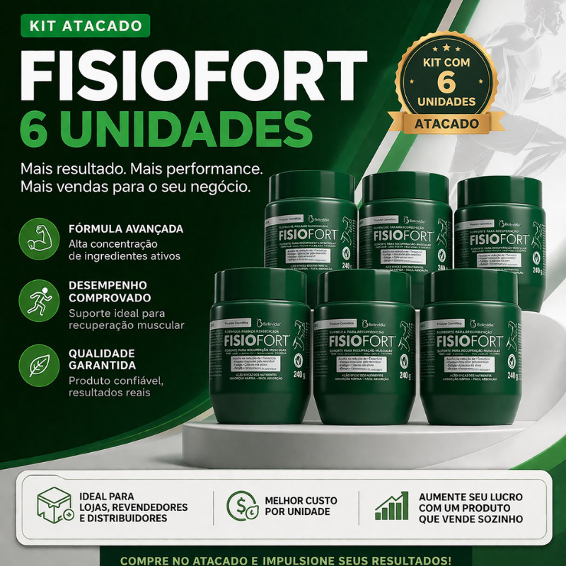 Kit C/06 Pomada massageadora Fisiofort Dores musculares treino Pote 240g Atacado