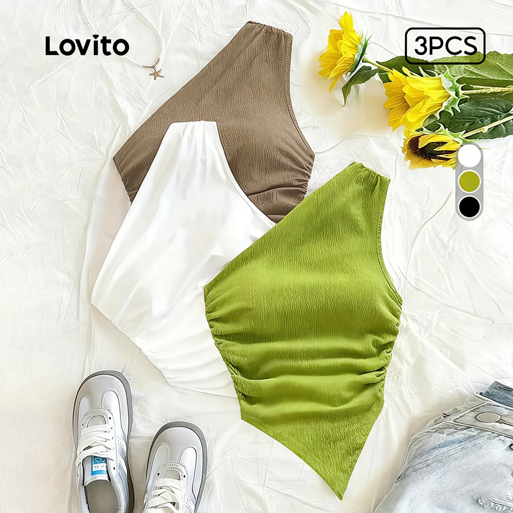 Lovito  Casual Top 3 Assimétrico Deslocamento Primavera/verão  Top para Mulheres LNE141X042 em Oferta na Shopee