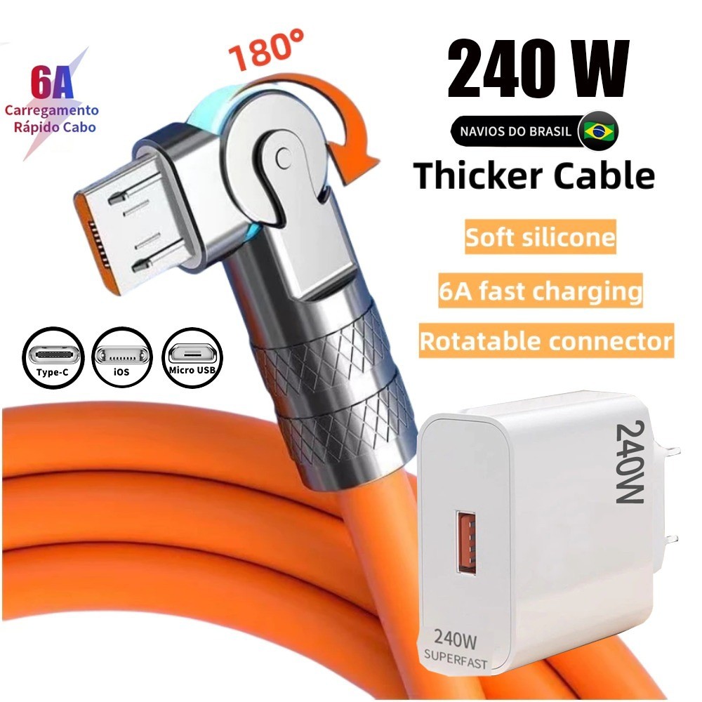cabo 240W 6A Silicone 180° Giratório Navios Brasil Compatível iPhone iOS Tipo C Micro USB Android D0