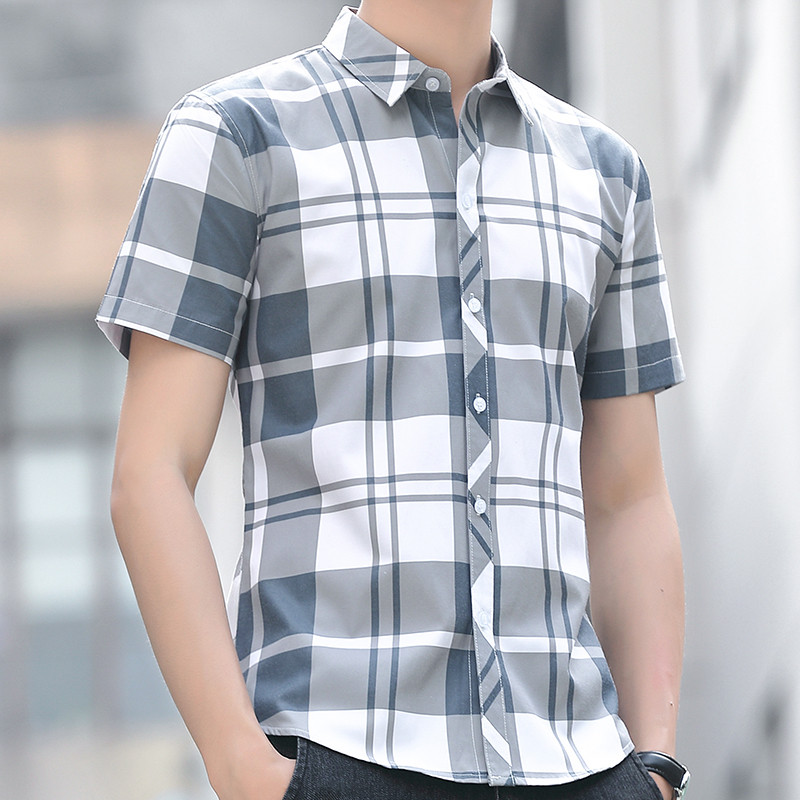 Camisa masculina de manga curta verão xadrez Casual negócios bonito versão coreana magro-ajuste na moda camisa masculina