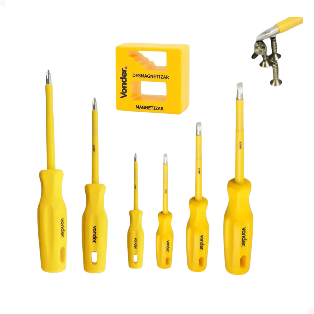 Kit com 5 Chaves Isoladas + Magnetizador Vonder – Fenda e Phillips CRV Profissional