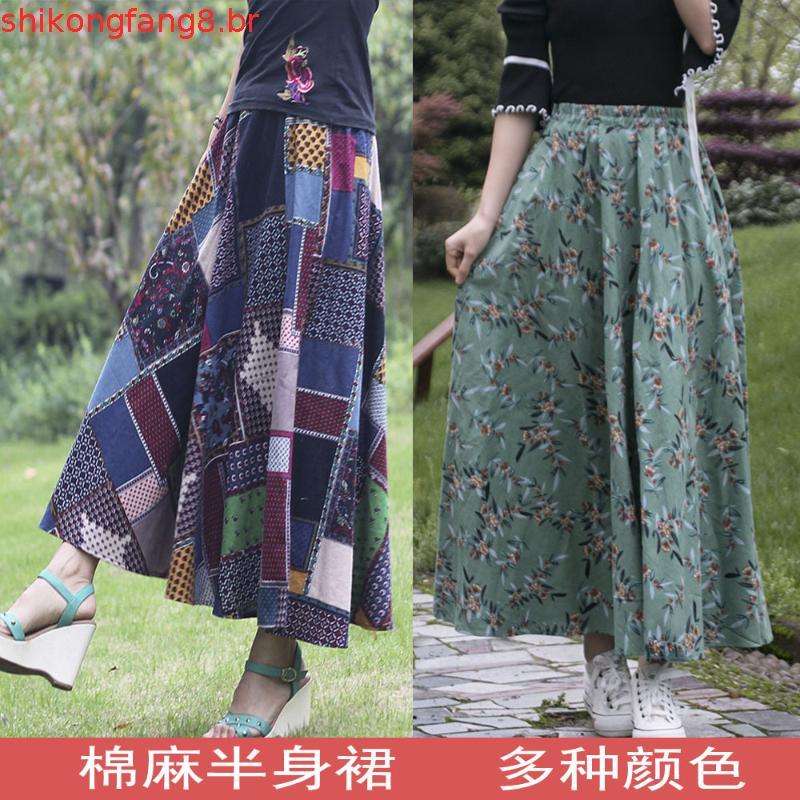 Saia Maxi de Algodão e Linho Boho Feminina – Saia Longa com Estampa Étnica Vintage e Patchwork