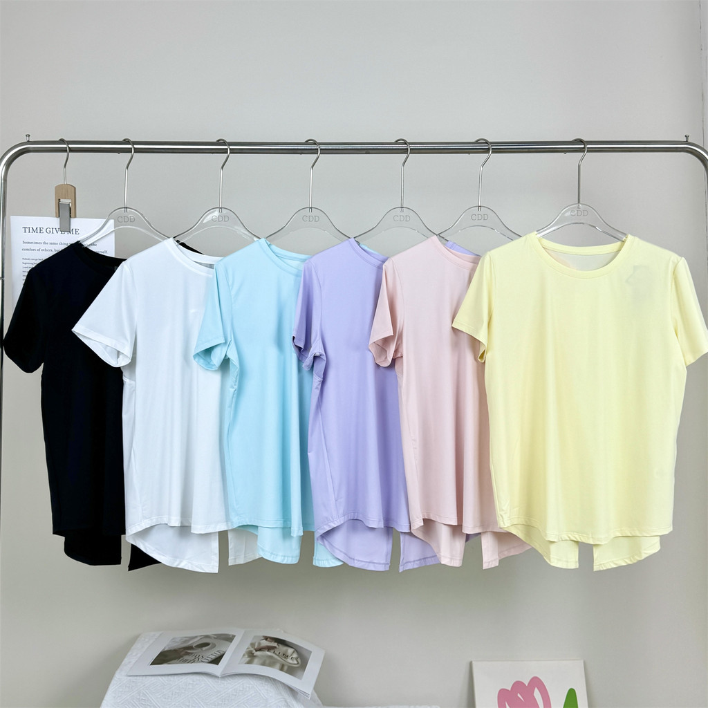 Verão nu sentir legal sentir volta fenda malha esportes camiseta de manga curta topo feminino Yoga Fitness lazer solto