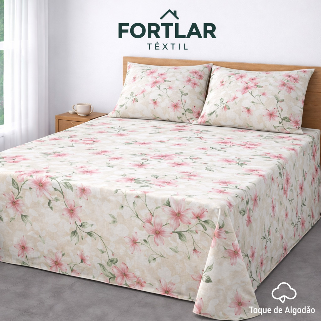 Kit Lençol 3 Pçs Percal 500 Fios Casal Toque de Algodão 2 Porta Travesseiro
