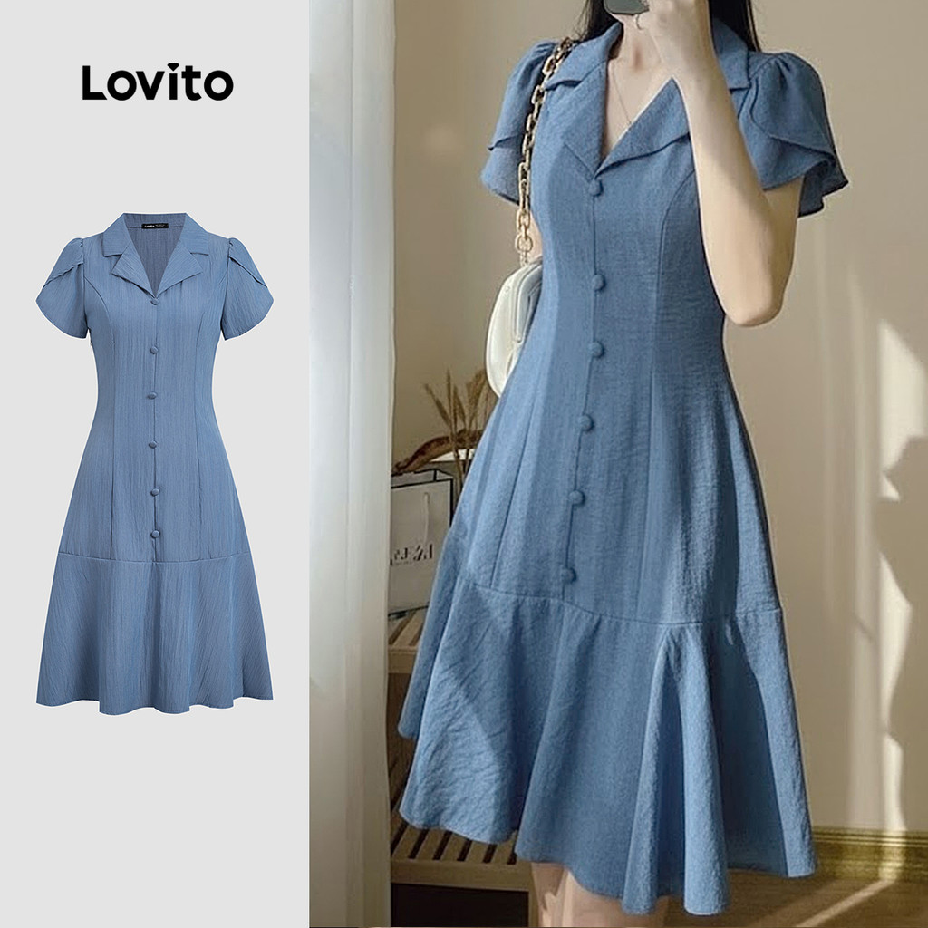 Lovito Vestido Elegante Azul Com Botões Para Mulheres LK3ED102
