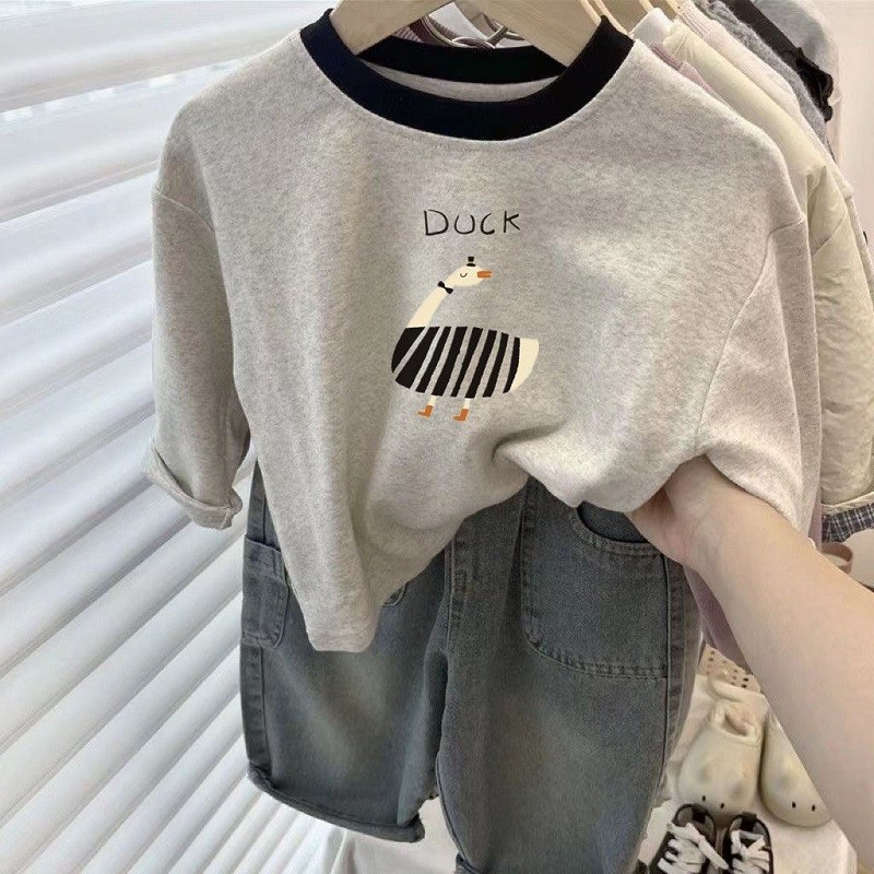Crianças estilo coreano 100% algodão em torno do pescoço cor-bloqueando manga comprida camiseta outono meninos meninas d
