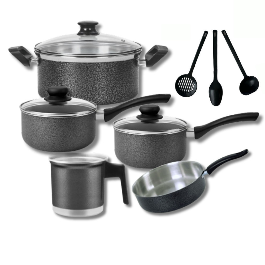 Jogo de Panelas 5 Peças Tampa de Vidro Kit Cozinha Completa Frigideira Leiteira Panelas + kit com 3 espátulas
