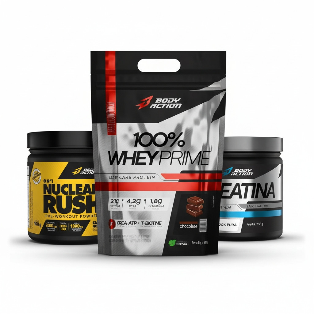 Kit 100% Whey Creatina 150g Nuclear Rush 100g Bodyaction Massa Força Energia Pré Treino Original Fit