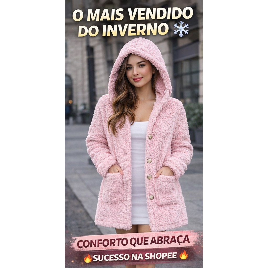 Casaco Teddy Feminino Peluciado Com Capuz Jaqueta Inverno Quentinha Tendência 2026
