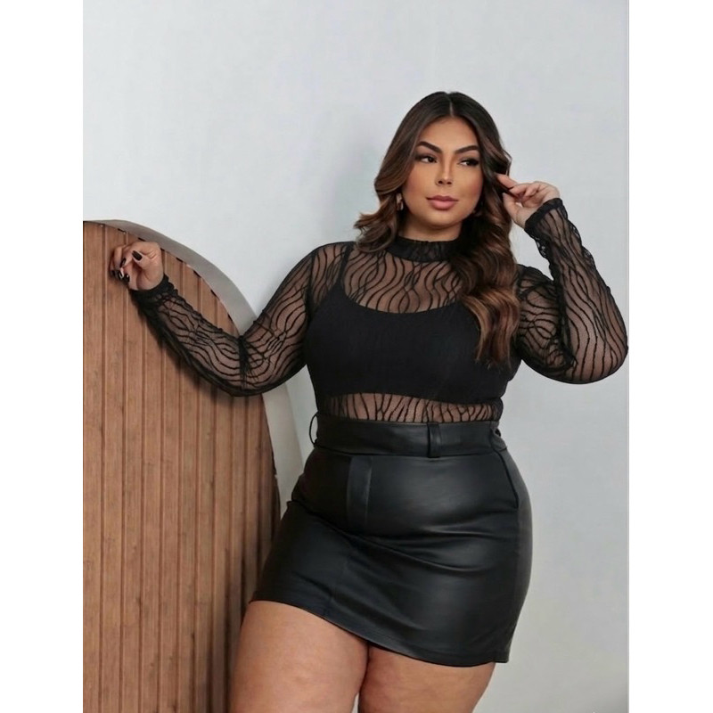 Blusa Body Feminino Plus Size P M G GG G1Tule Transparente Texturizado Gola Alta Plus Size Manga Longa