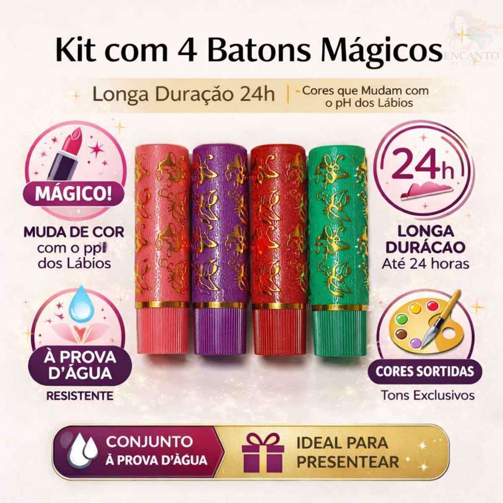 Kit com 4 Batons Mágicos | Longa Duração 24h, Cores que Mudam com o PH dos Lábios à prova d'água