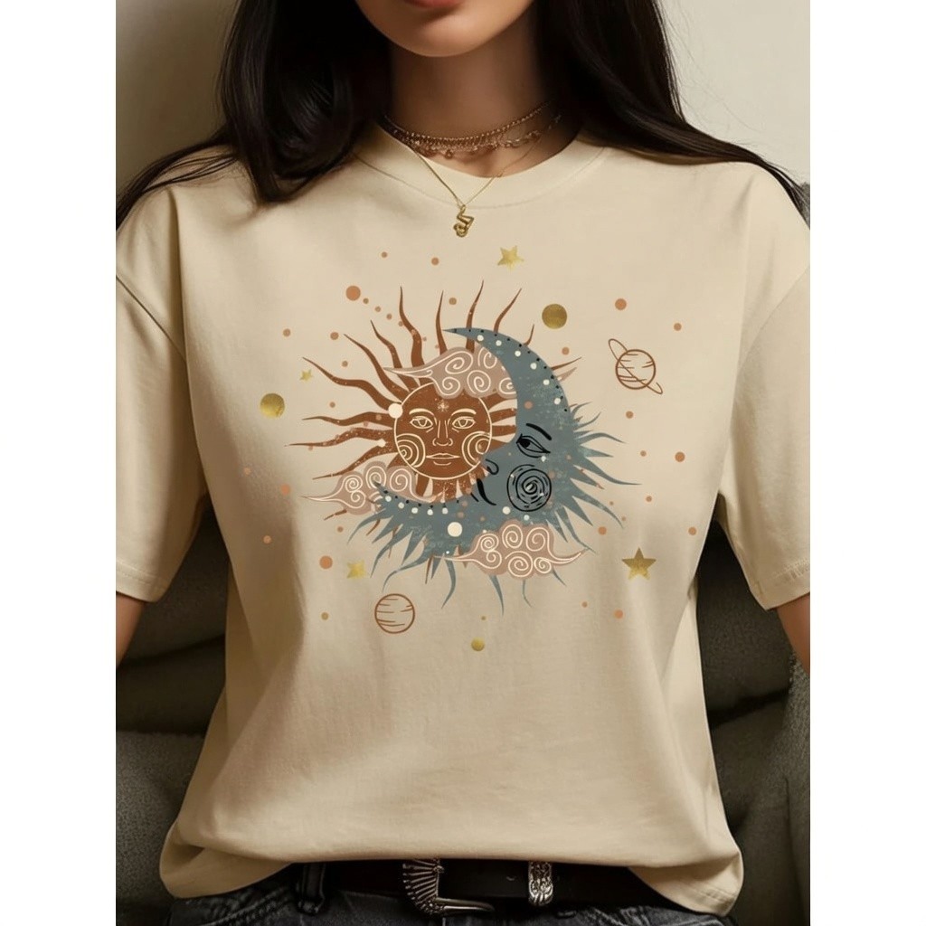 Camiseta Feminina Casual Estampada Sol e Lua 100% Algodão 30.1 Delicada Estilosa Blusa Feminina