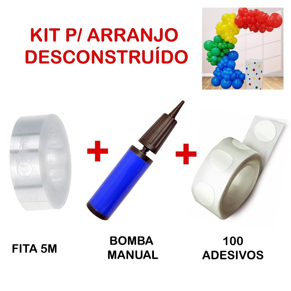 Kit Fita Arco Desconstruído + Bomba Manual Balão + Fita Gota Cola Bexiga + Clip Fecho de Balão