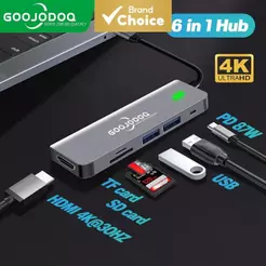Goojodoq Adaptador Hub USB-C 6 em 1: USBC para USB 3.0, HDMI, PD, OTG, Leitor de Cartão 4K TF/SD
