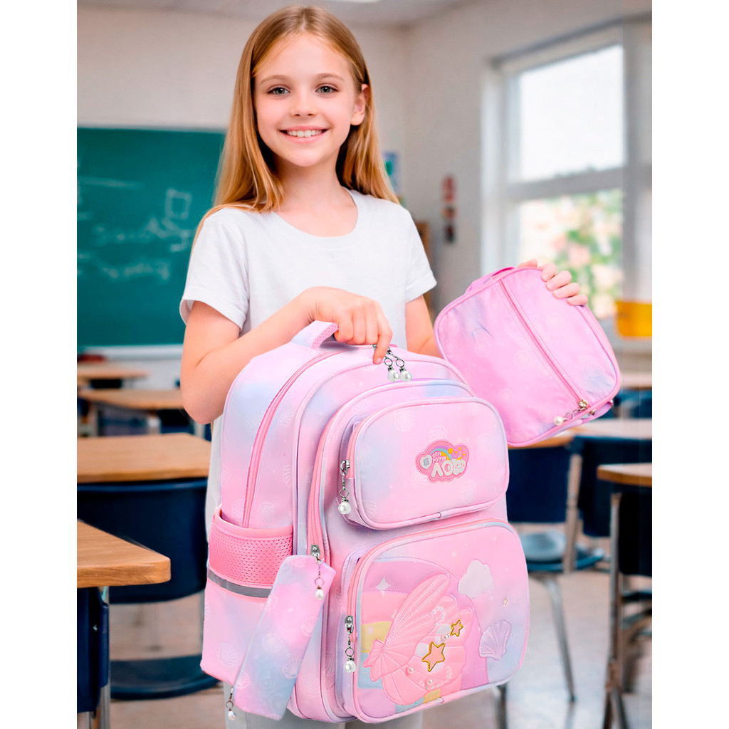 Kit Bolsa Escolar Grande Concha Delicada + Lancheira Térmica e Estojo Infantil