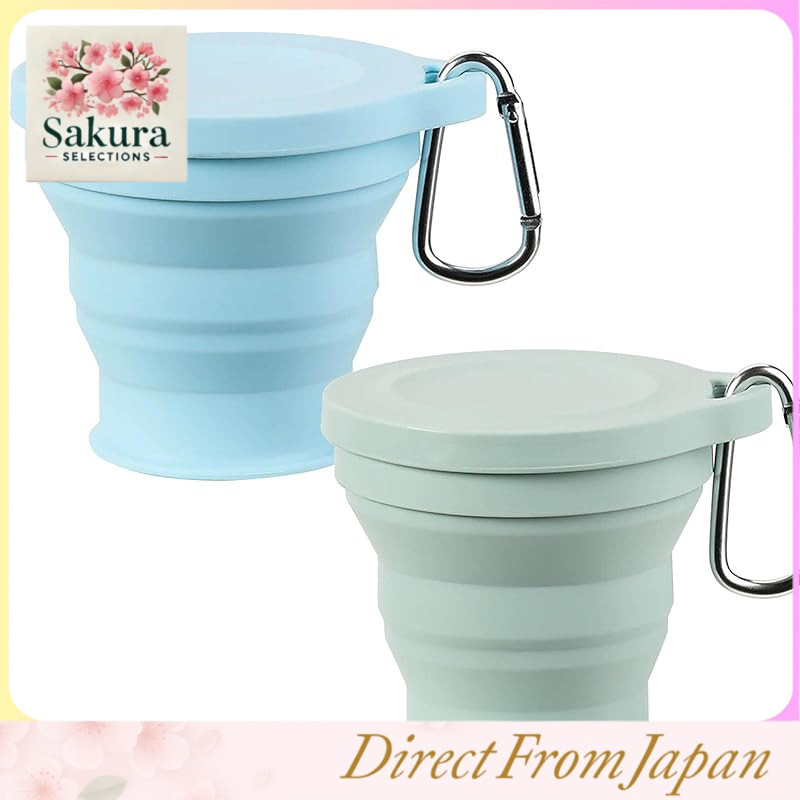 Folding Cup Portable Idea Cup Silica Gel Heat Resistant Lightweight with Lid Fashionable Multifunctional Foldable Can Be Used as a Travel Gargle Cup Set of 2 with Hanging Hole 180ML Ideal for Commuting/Outdoor Travel/Camping/School (Blue + Green)