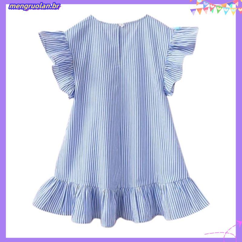 Vestido Infantil Azul Claro Listrado Invertido Manga Com Babado Festas Aniversário Luxo