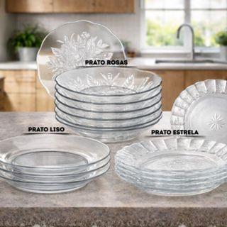 Kit 12 Pratos de Vidro Resistentes 22cm – Egípcio ,Liso e Floral Pratos fundos Modernos em Oferta na Shopee