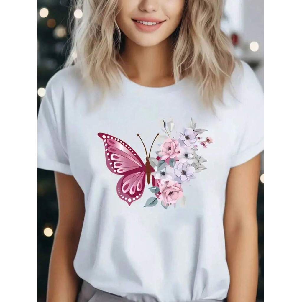 Camisa Baby Look borboleta estampada 100% algodão camiseta confortável casual