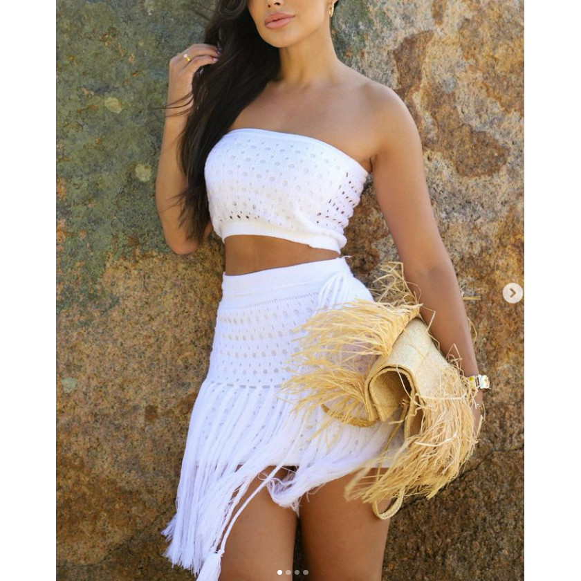 Conjunto tricot modal com franjas Top Faixa + Saia Com Forro Saida de praia trico / croche estiloso saia e cropped moda
