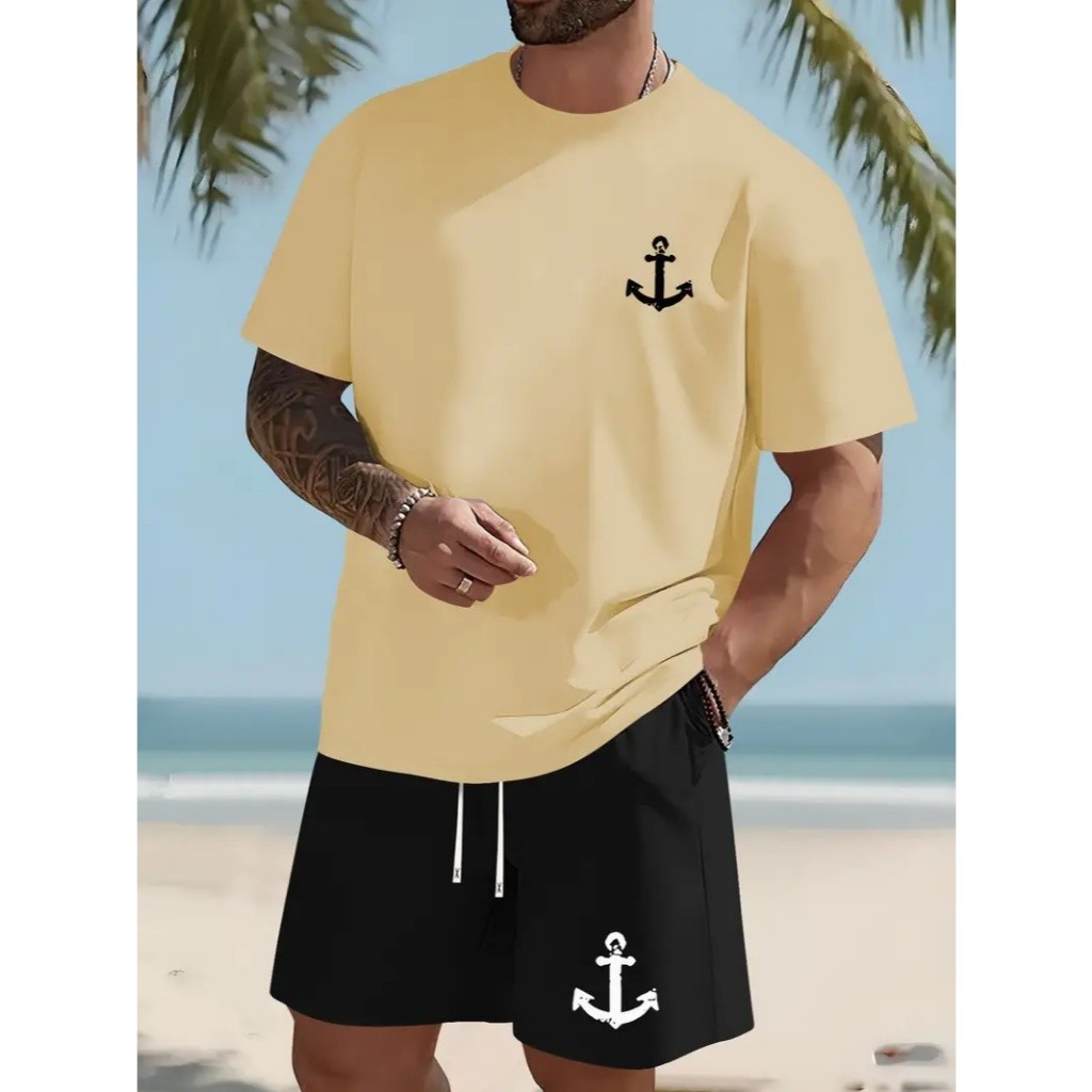Conjunto Masculino Camiseta Comum + Bermuda Tectel - Estampa Ancora Peito