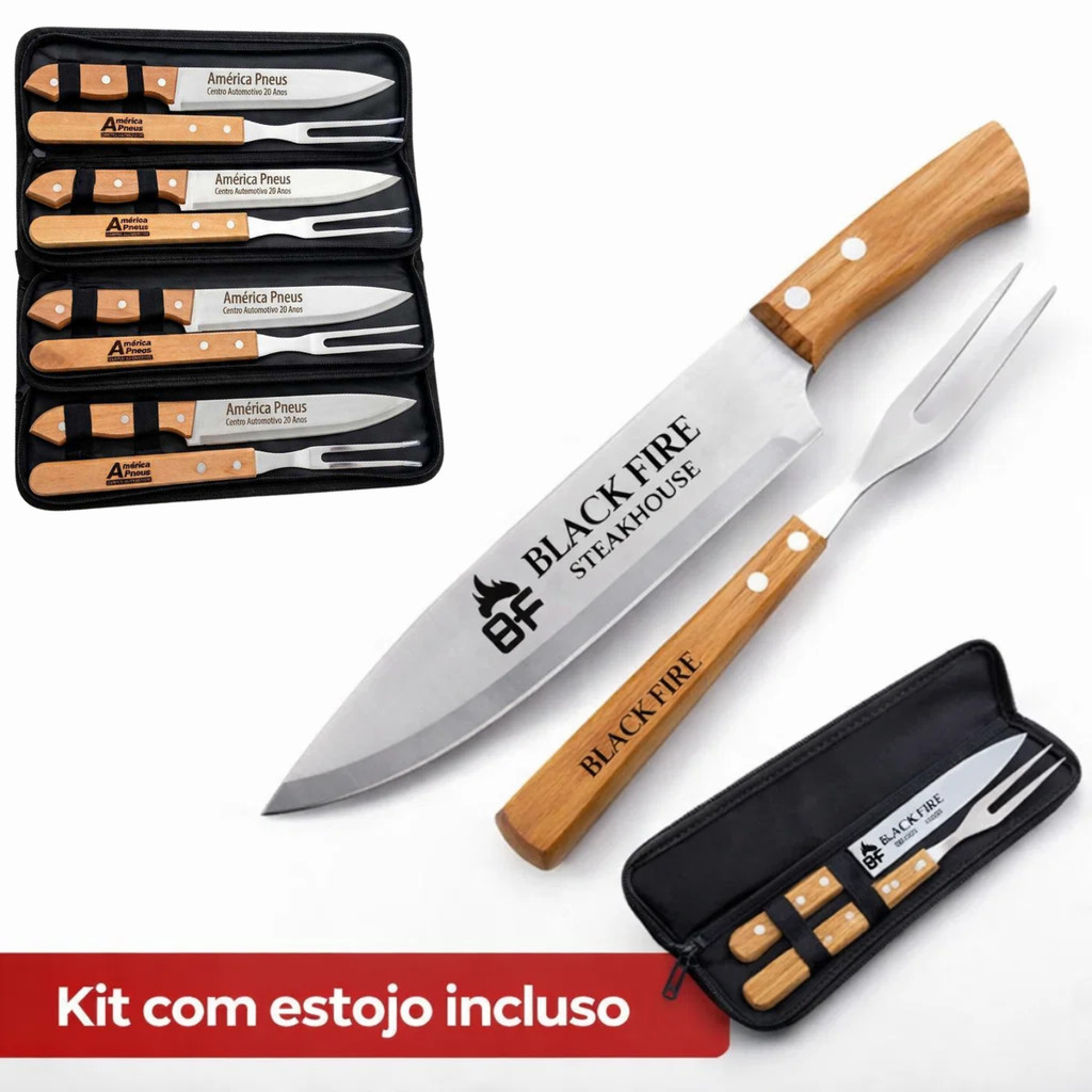 Kit Churrasco Personalizado Brinde Empresas 5/10/15/20 und. com Estojo gravado Laser Casamento Padrinho Faca e Garfo