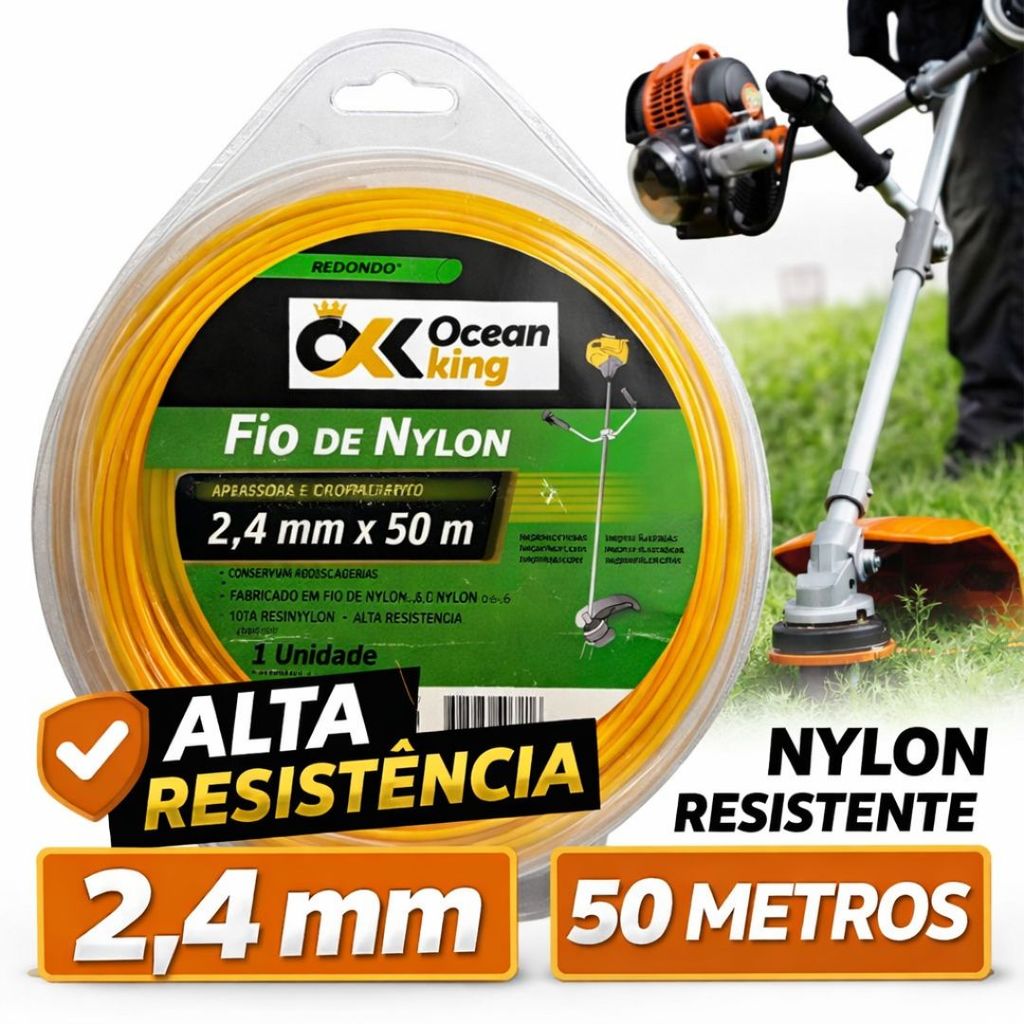 Fio Nylon Roçadeira 2.4mm 50m Profissional Alta Resistência Corte Preciso Universal