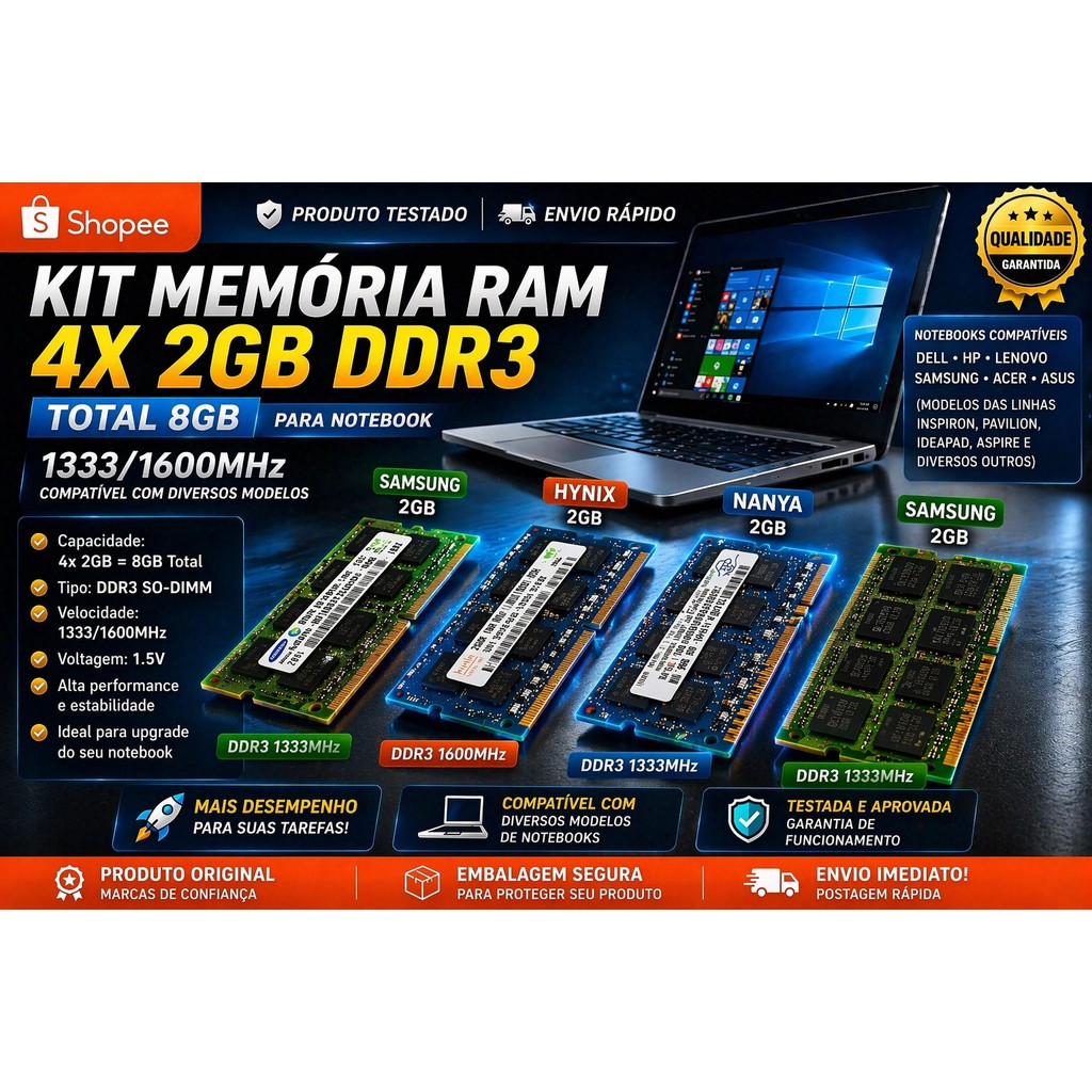 PACK MISTO  MEMÓRIA RAM NOTEBOOK 4x 2GB DDR3 Estações para IA OpenClaw