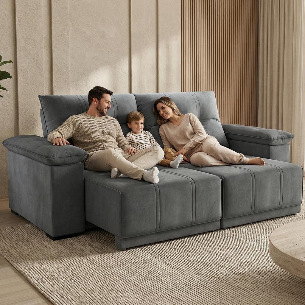 Sofá Retrátil e Reclinável 4 Lugares Espuma Fibra Siliconada Mariscal Veludo 200cm em Oferta na Shopee