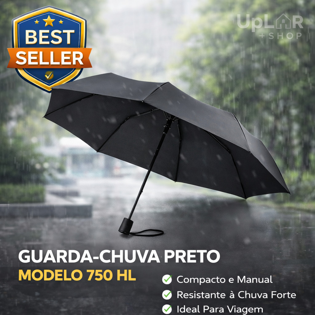 Guarda-Chuva HL Modelo 750 Preto Liso Preto Adulto e Infantil Unissex Proteção E Estilo