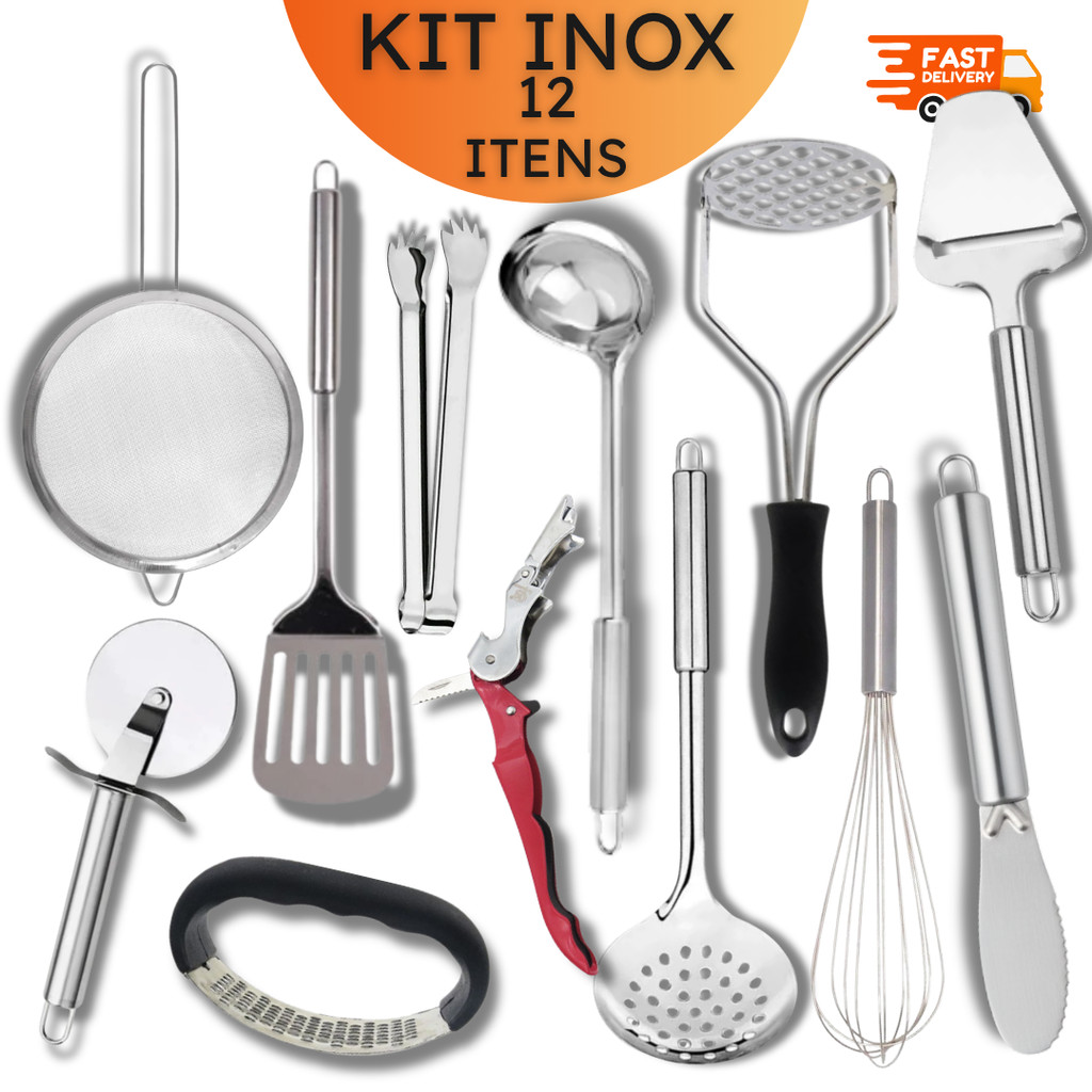 Kit Cozinha Inox 12 Peças: Jogo Utensílios Completo, Amassador, Saca Rolhas, Escumadeira e Fuê - Presente Casamento