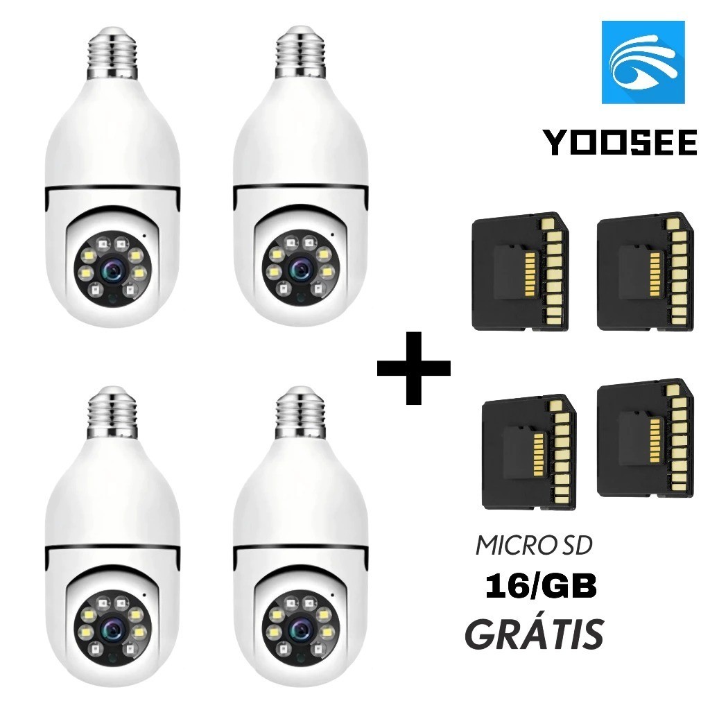 Kit 4 Câmera Lâmpada Wifi Espiã Noturna Colorida + 4 Cartões SD 16GB